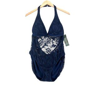 NWT Lauren Ralph Lauren One Piece Lace Navy Swimsuit Size 14